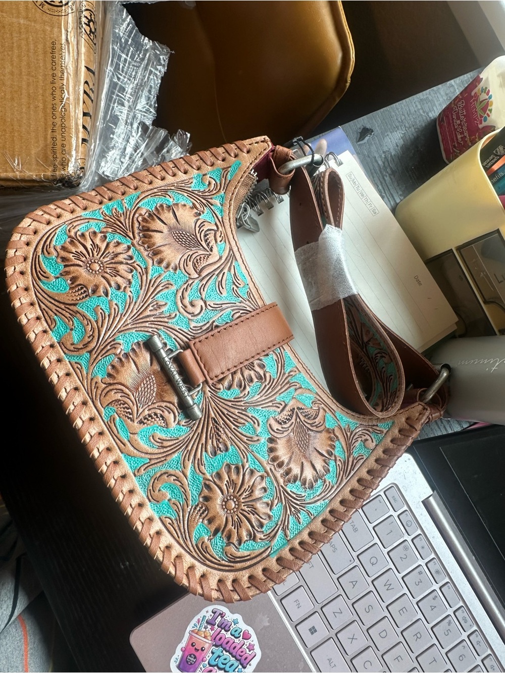 Myra Bag Turquoise and Brown Tooled Leather Shoulder Bag